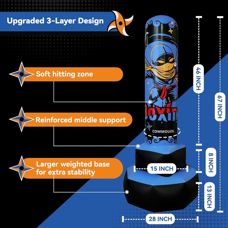 COMMOUDS 67inch Punching Bag for Kids, Inflatable Kids Boxing Set with Gloves, Fast Rebound Punching Bag for Practicing Karate, Taekwondo, MMA, Christmas/Birthday Gift for Boys Girls, Ages 6-14 - Image 4